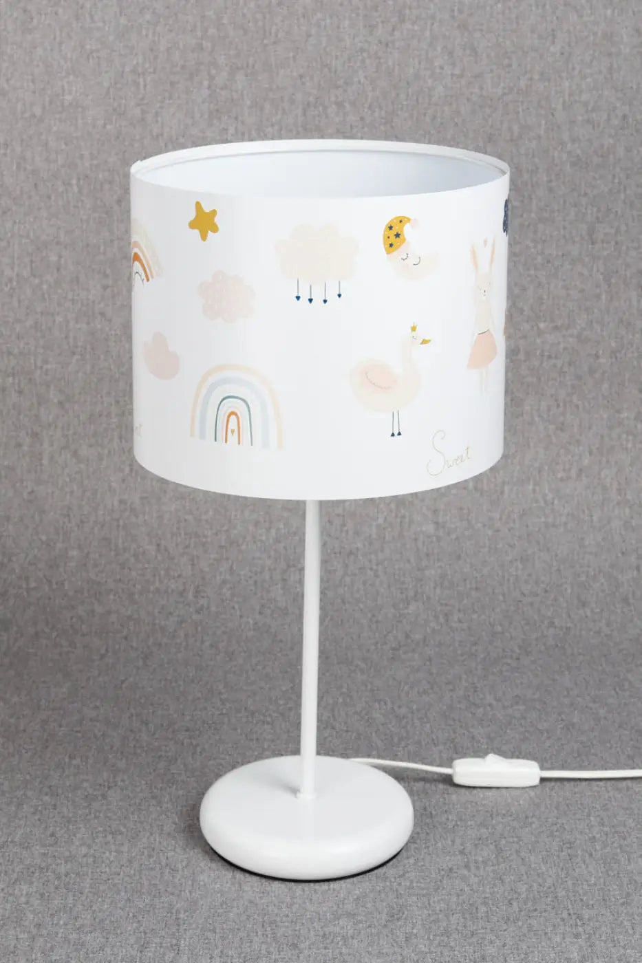 Lampe de table sweet dreams orange blanc avec abat-jour cylindrique blanc décor lapin tendre pastel clouds rainbows flamingos