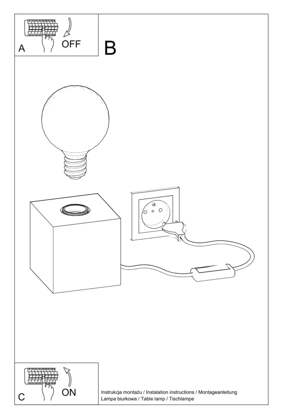 Lampe de table blanc cube avec base circulaire et cordon branché au mur bureau ariz bois ariz