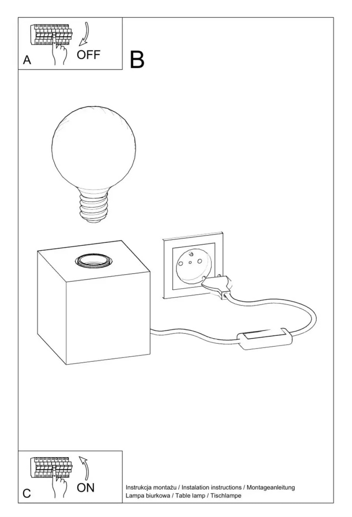 Lampe de table blanc cube avec base circulaire et cordon branché au mur bureau ariz bois ariz