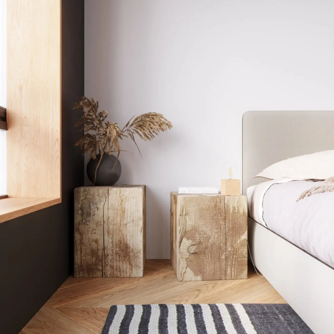 Rustic wooden nightstands with visible grain and weathered texture from bois ariz collection for bureau ariz style