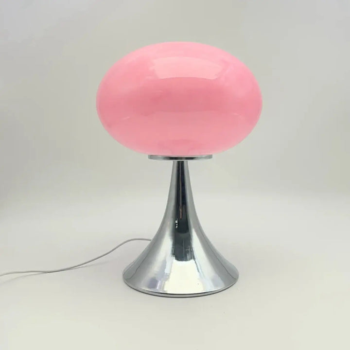 Lampe de table nuacre en verre dépoli rose avec pied chromé style table design champignon élégante