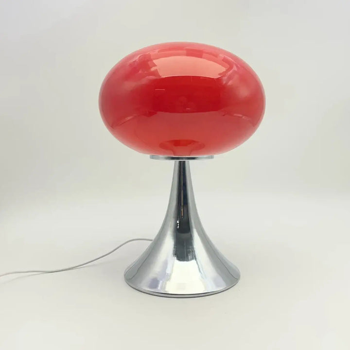 Lampe de table nuacre avec pied chromé et design champignon orange en verre rouge brillant