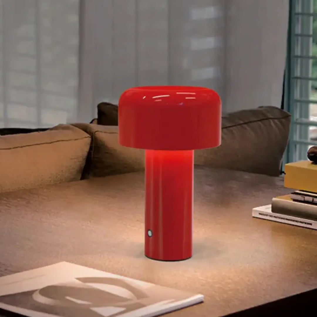 Lampe de table alura rouge vif en design champignon avec finitions soignées et surface laquée brillante