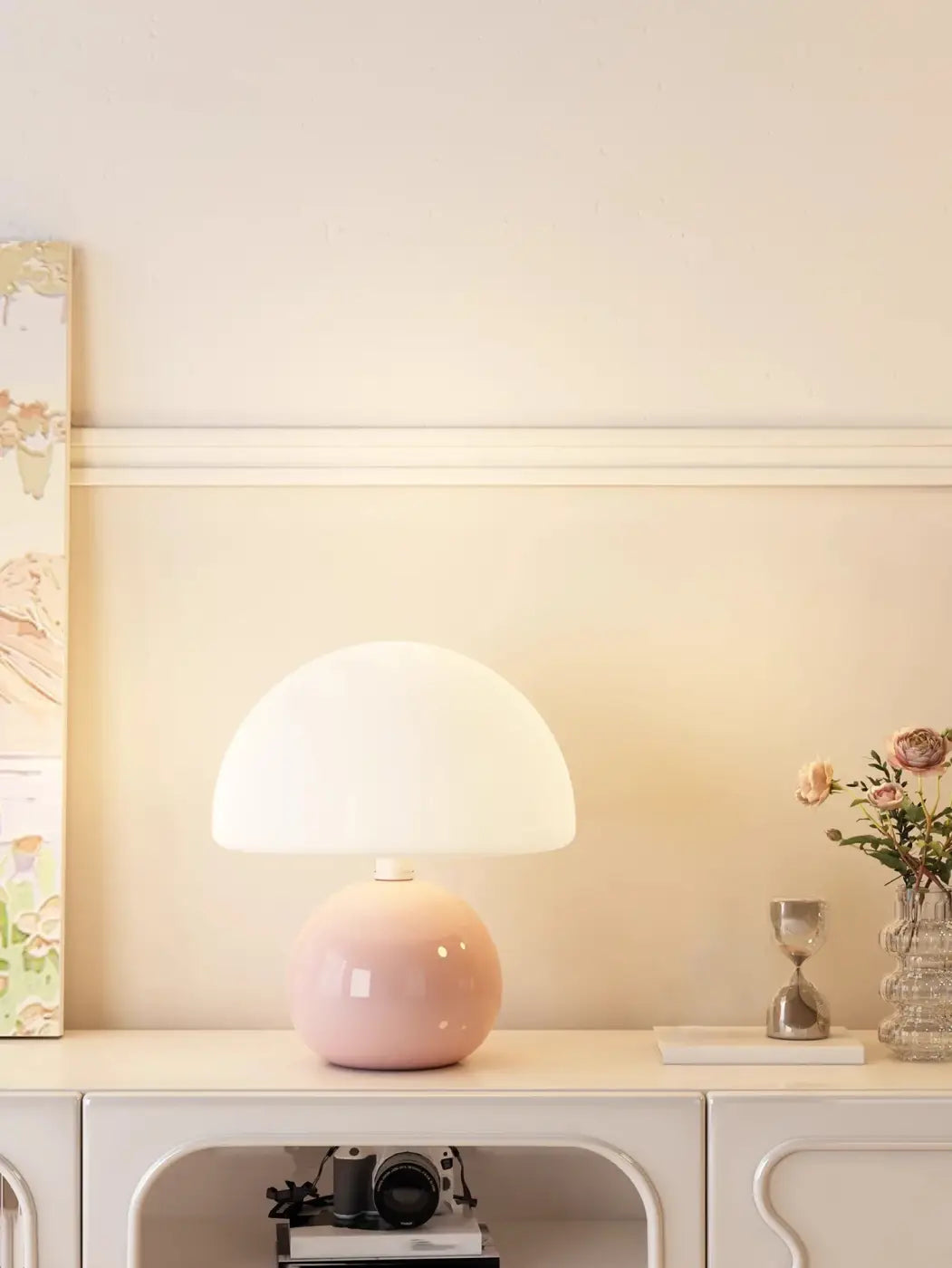 Lampe de table design champignon en verre opalin