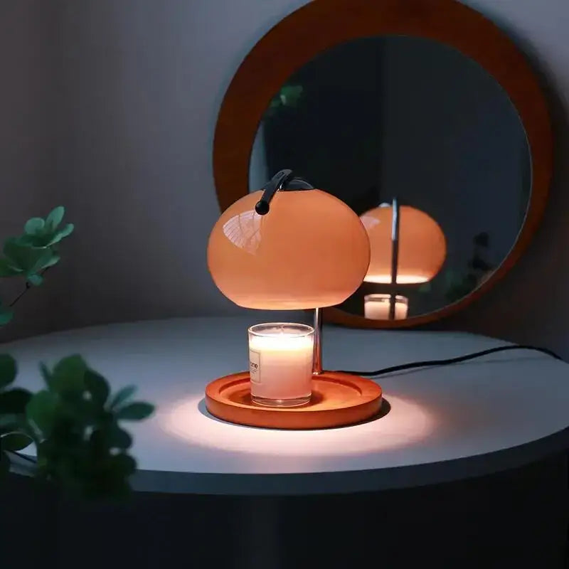 Lampe de table design globe en verre crème avec base bois chic