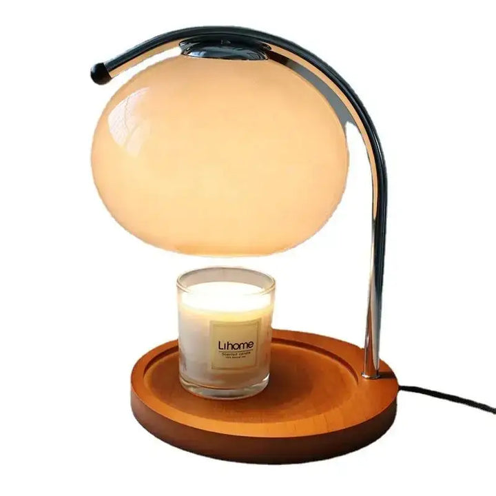 Lampe de table design globe en verre crème avec base bois chic
