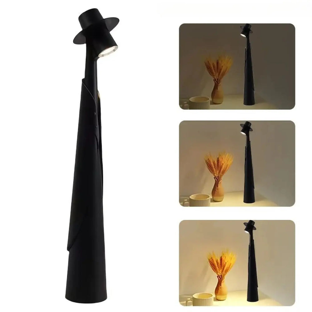 Lampe de table dandy noire mate en forme de silhouette élancée avec un chapeau haut de forme