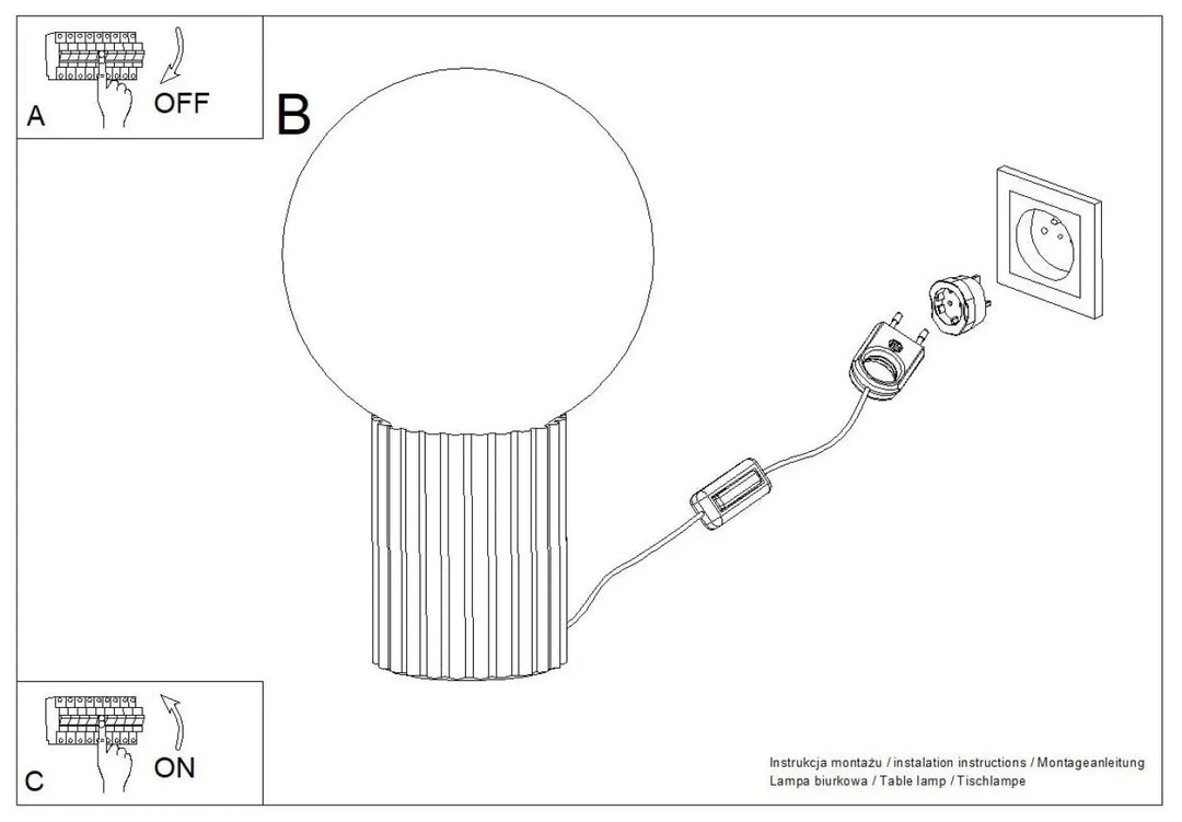 Lampe halo blanche à poser avec base cylindrique rainurée taupe et solution pratique avec prise exposée