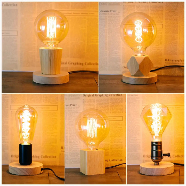 Lampe de table loxia avec ampoule edison vintage à filament visible sur base en bois minimaliste géométrique