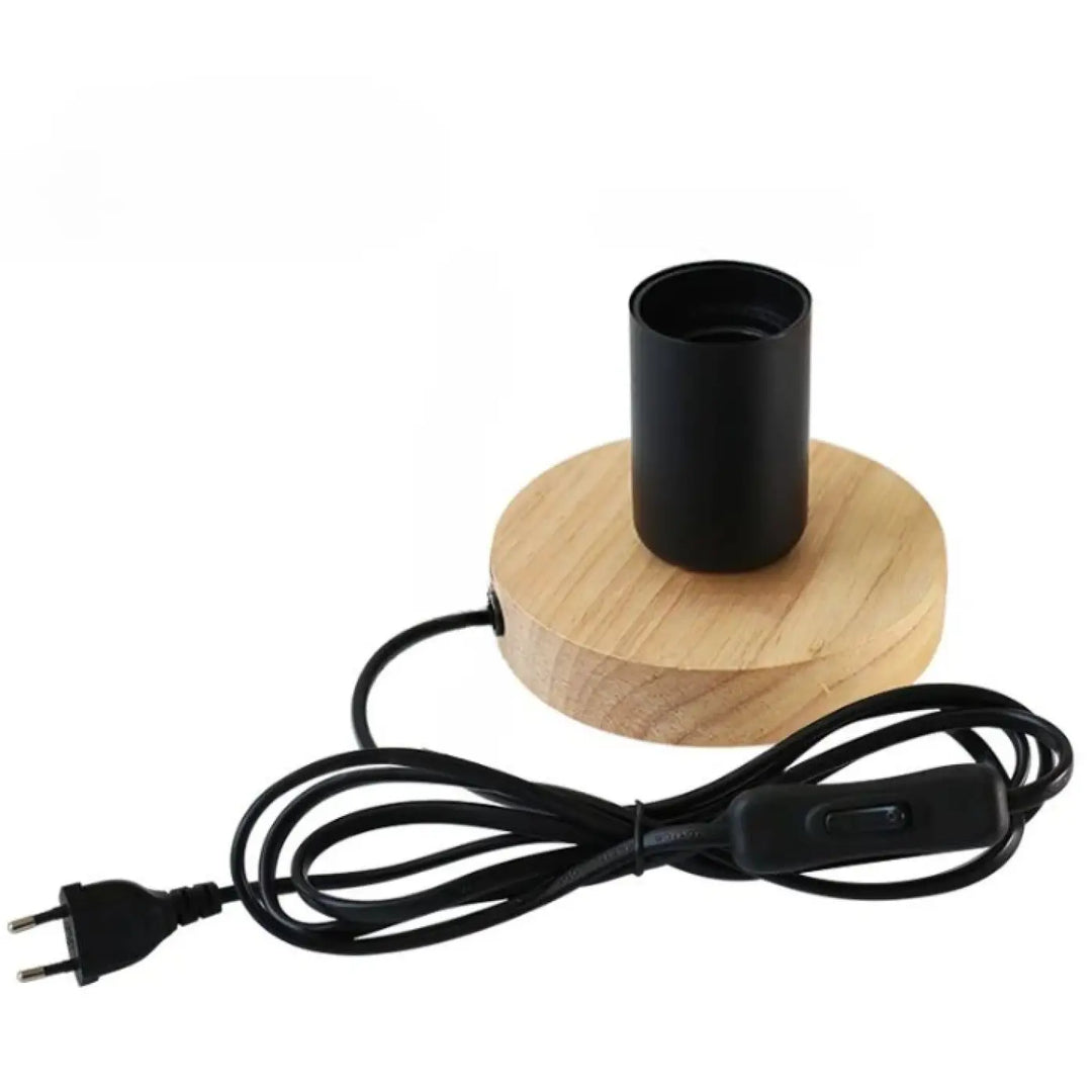 Lampe de table loxia avec porte-lampe cylindrique noir, base en bois naturel et cordon d’alimentation noir pour table bois