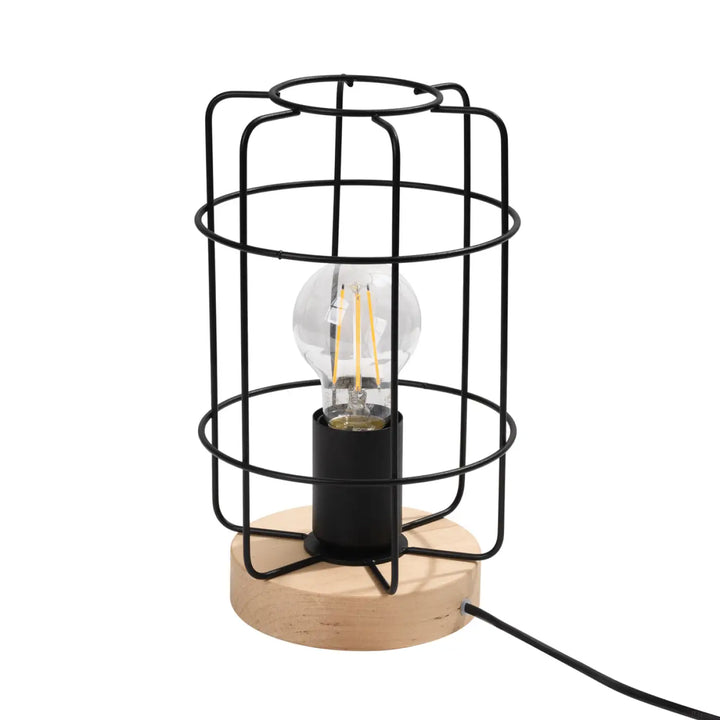 Lampe de table série gotto avec cage noire en métal, ampoule à filament clair et base en bois clair style loft