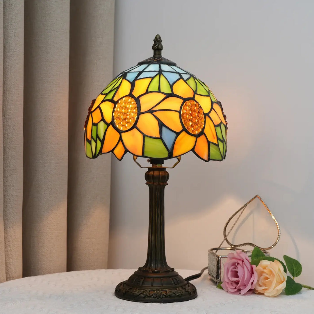 Lampe de table sunny en verre multicolore avec motif tournesol et base en bronze pour décoration intérieure élégante