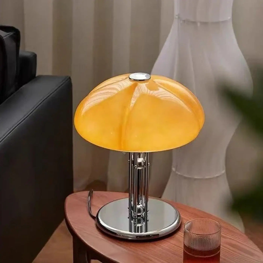 Lampe de table vintage orange en verre avec pied chrome