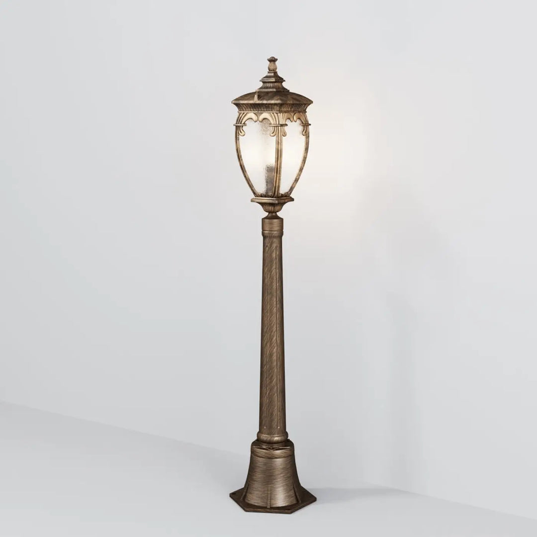 Lampadaire extérieur fleur en bronze antique avec lanterne italienne en verre orné pour bord dune terrasse