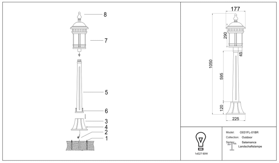Lampadaire extérieur lanterne salamanca en acier bronze finition bronze avec design classique et base solide