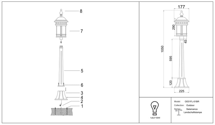 Lampadaire extérieur lanterne salamanca en acier bronze finition bronze avec design classique et base solide