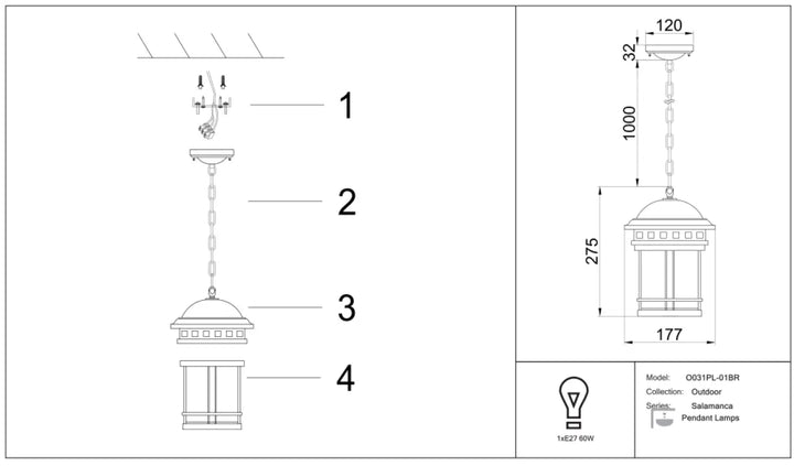 Lanterne suspendue salamanca avec chapeau arrondi corps rectangulaire et chaîne pour éclairage aux porches extérieur