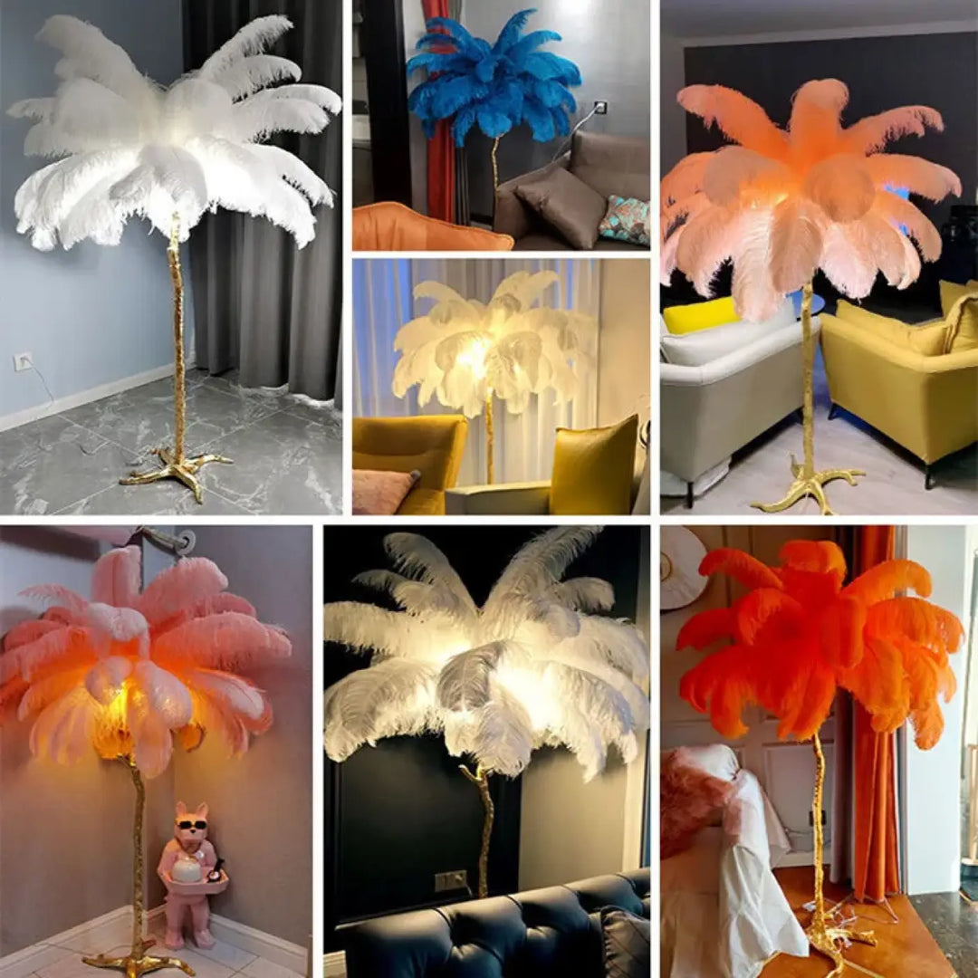 Lampadaire exotis à plumes colorées avec socle doré et lumière chaude, luminaire palmier élégant disponible en plusieurs couleurs