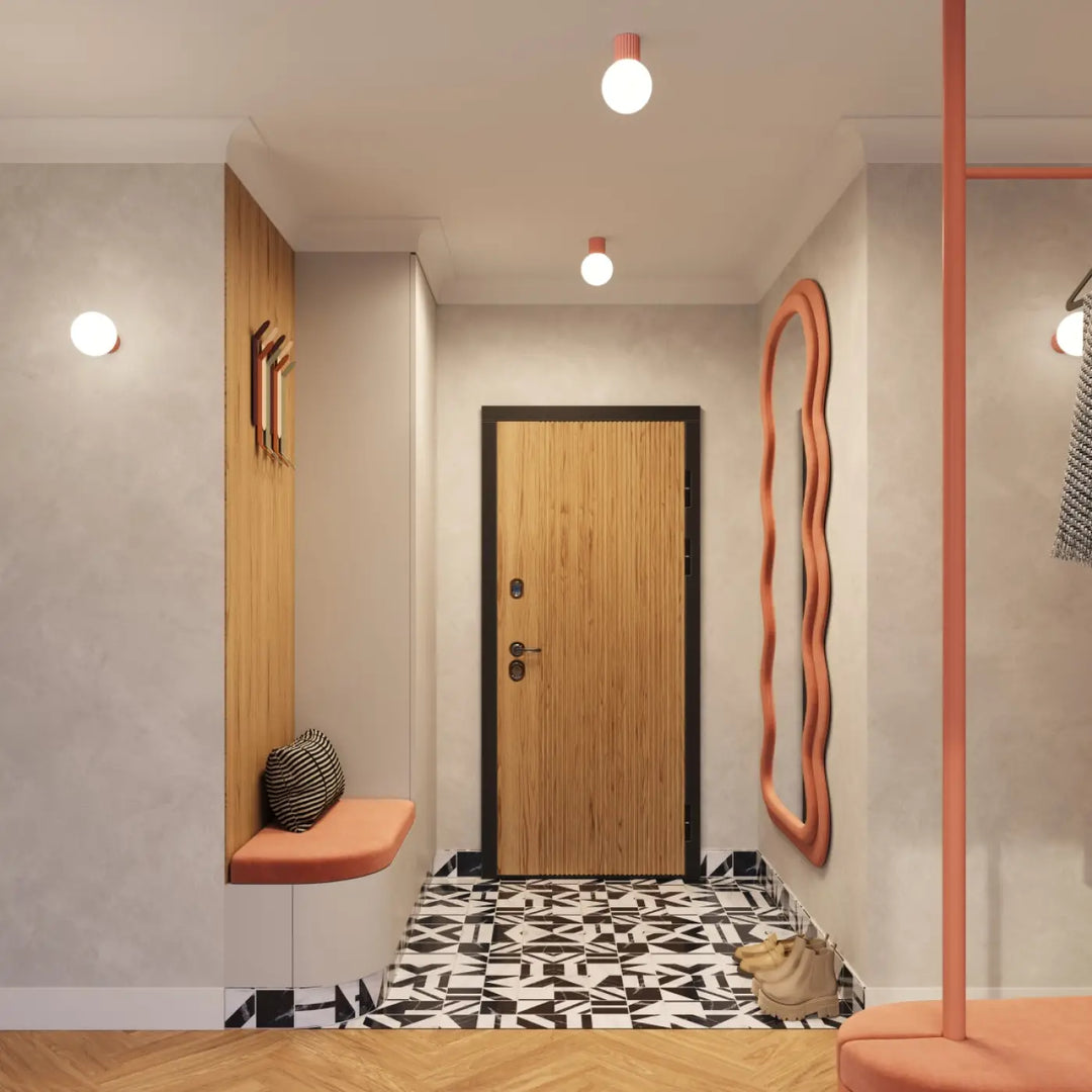 Plafonnier halo avec cadre noir en bois et sphère laiteuse, idéal pour bureau décorative moderne
