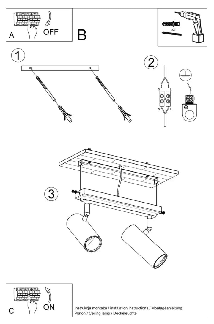 Diagramme dinstallation pour luminaire plafonnier direzione 2 blanc avec éclairage élégant à plafond minimaliste