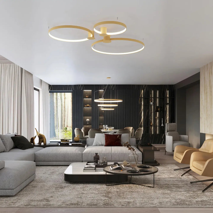 Luminaire plafonnier rio 55 4000k doré avec modules led et efficacité lumineuse élevée en anneaux dorés modernes