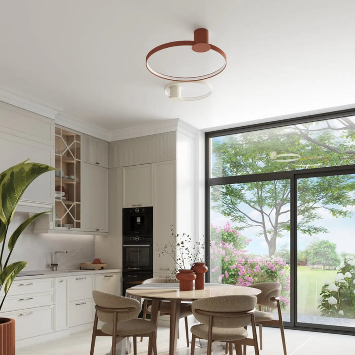 Luminaire plafonnier design moderne avec anneau terracotta chaud et cercle blanc collection rio 78 4000k rouge ocre