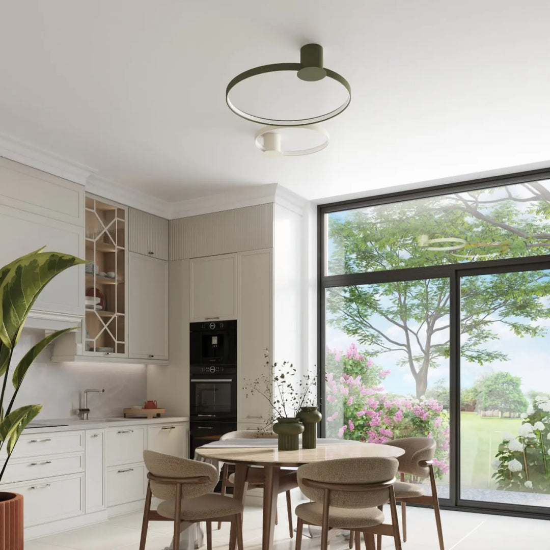 Luminaire plafonnier rio 78 vert olive avec anneaux led concentriques en aluminium allient élégance et modernité