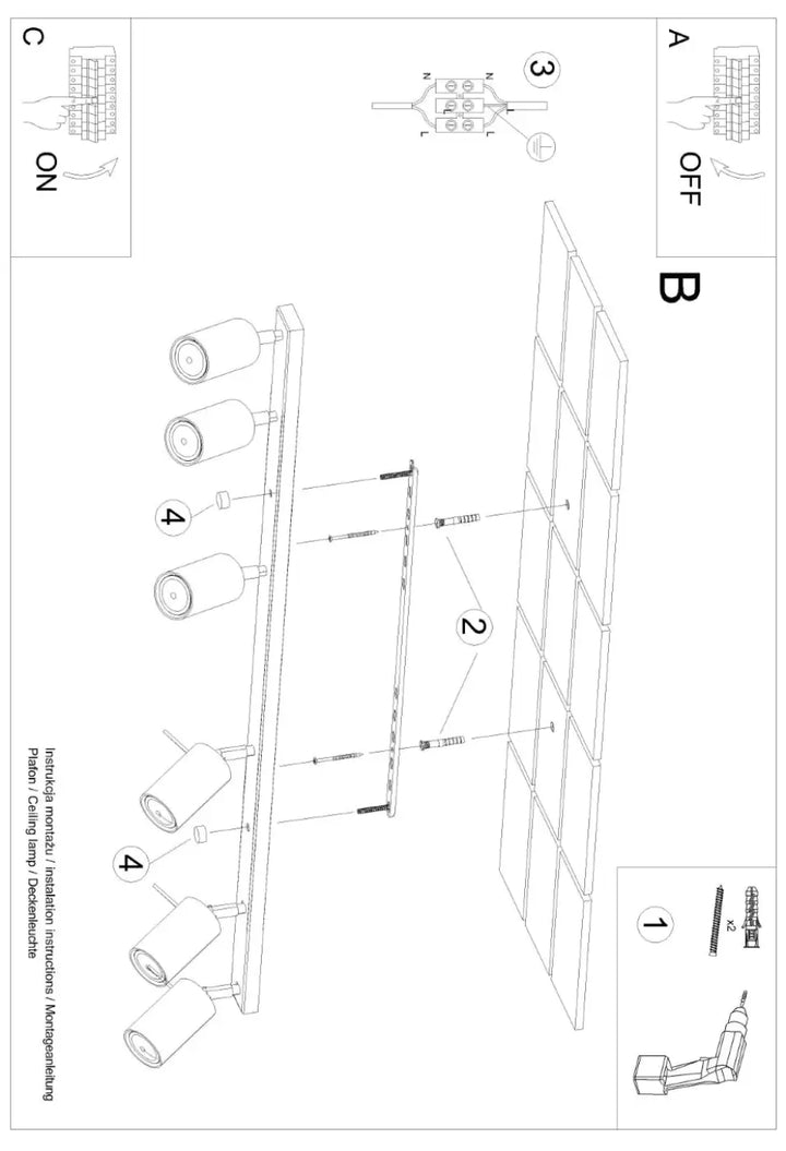 Diagram de lampe ring plafonnier beige avec quatre spots cylindriques réglables pour éclairage flexible et minimalisme moderne
