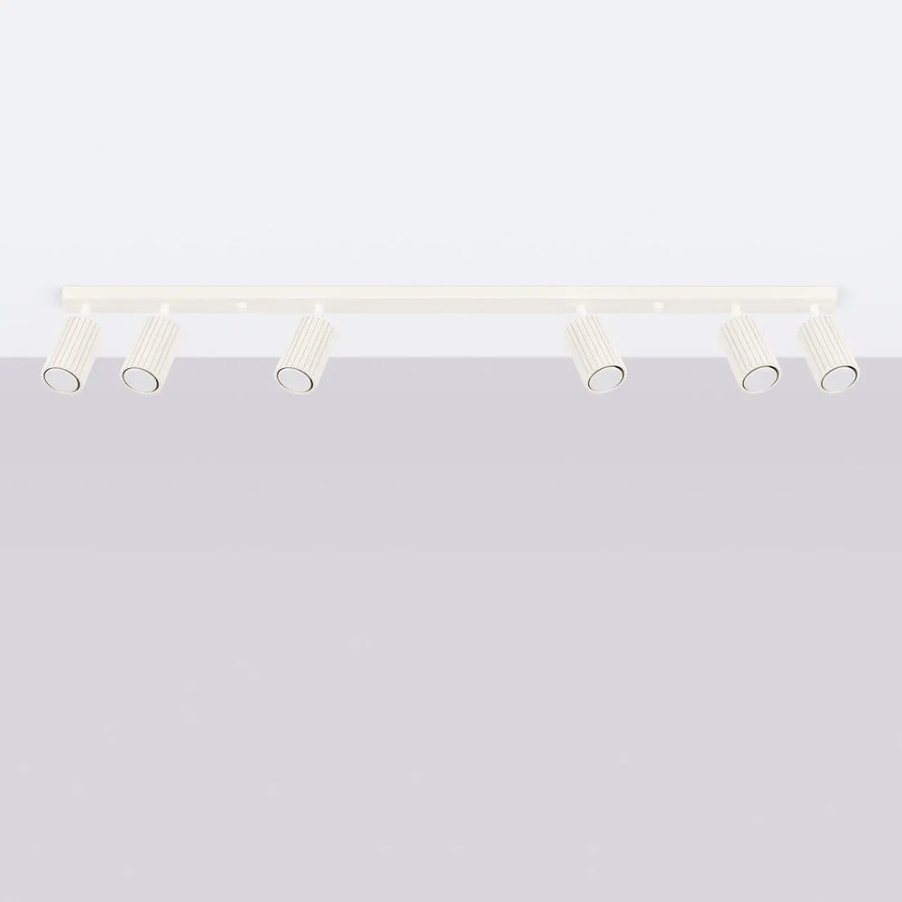 Luminaire plafonnier karbon allie beige design minimaliste avec six ampoules gu10 interchangeables en spot cylindrique