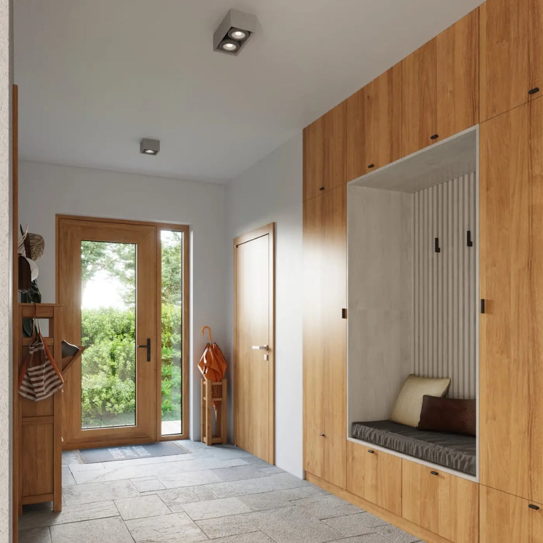 Luminaire plafonnier béton quatro avec rangement intégré en bois clair et mur daccents à lames verticales sentez mieux