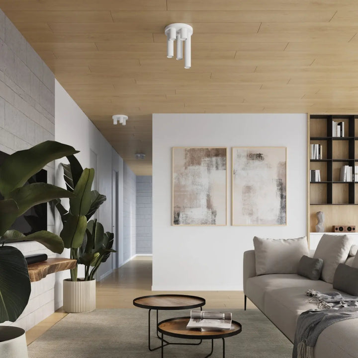 Plafonnier lagos blanc avec trois bras cylindriques pour un caractère chic et une lampe lagos design contemporain
