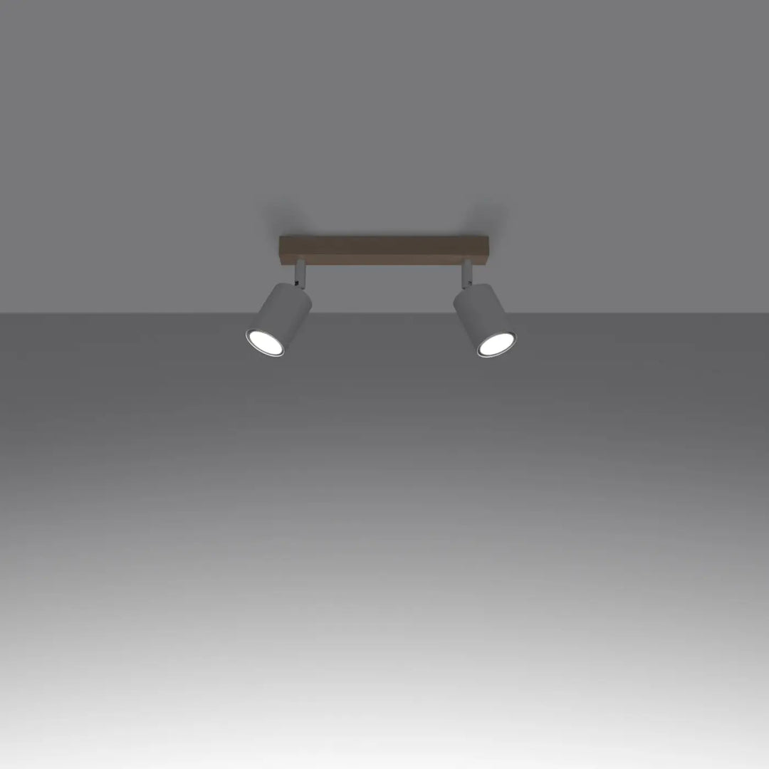 Plafonnier verdo 2 design moderne avec deux spots gris mat et base en bois pour un éclairage intérieur contemporain