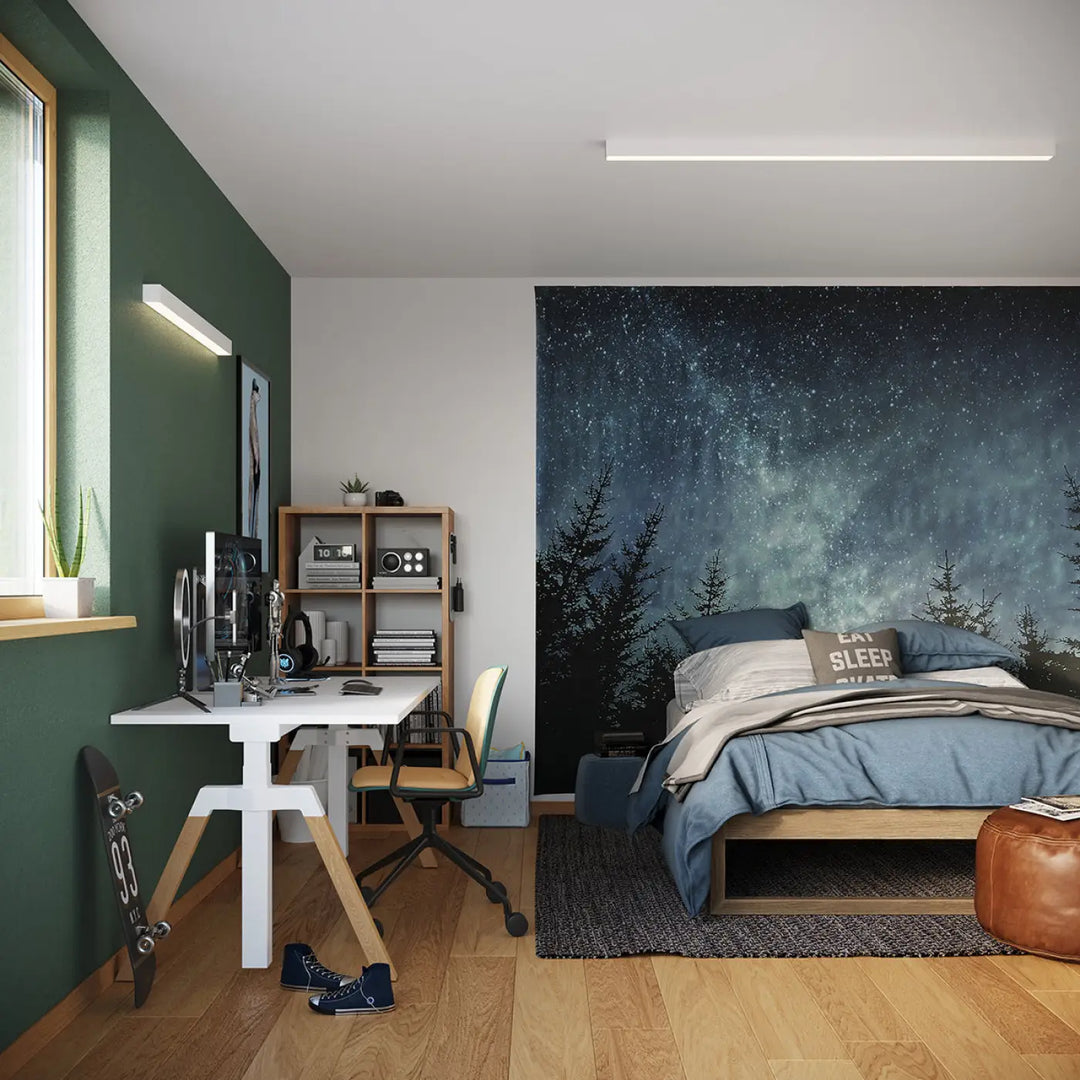 Luminaire plafonnier pinne 90 4000k blanc avec parure de lit bleue et plaid assorti pour paramètres d’éclairage optimal