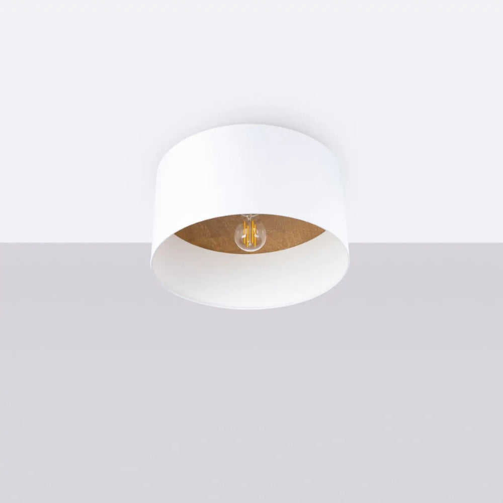 Plafonnier telesto blanc avec intérieur en bois clair et ampoule filament exposée design minimaliste et combinaison parfaite