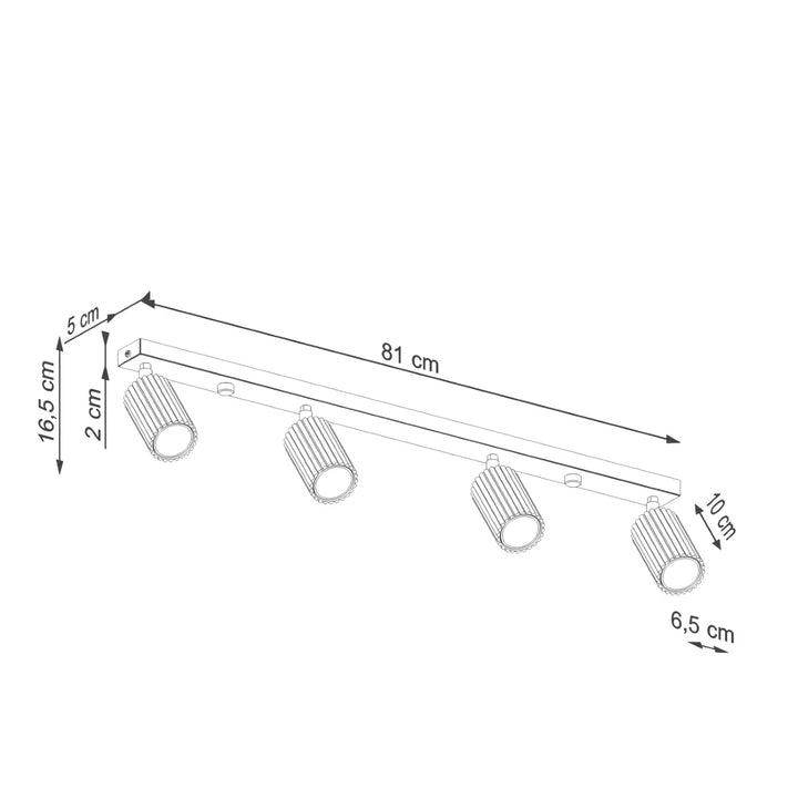 Plafonnier karbon allie design minimaliste blanc avec quatre spots led cylindriques et ampoules gu10 interchangeables sur barre métallique de 81 cm
