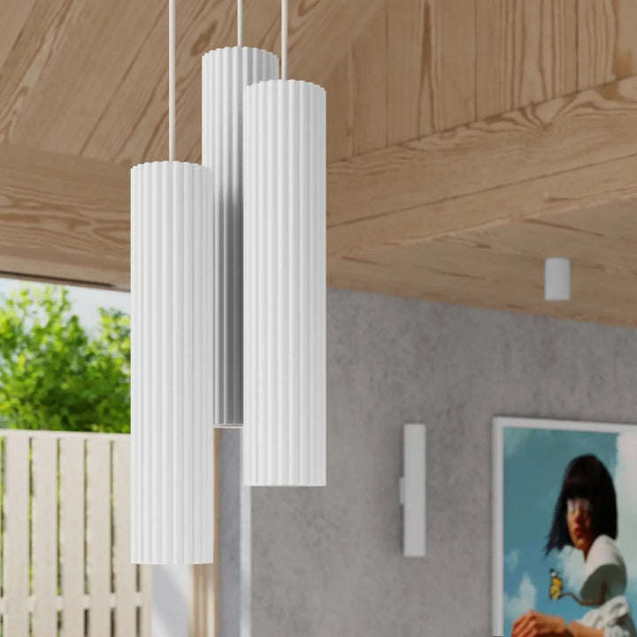 Trois suspensions cylindriques blanches design minimaliste plafonnier karbon allie avec ampoules gu10 interchangeables
