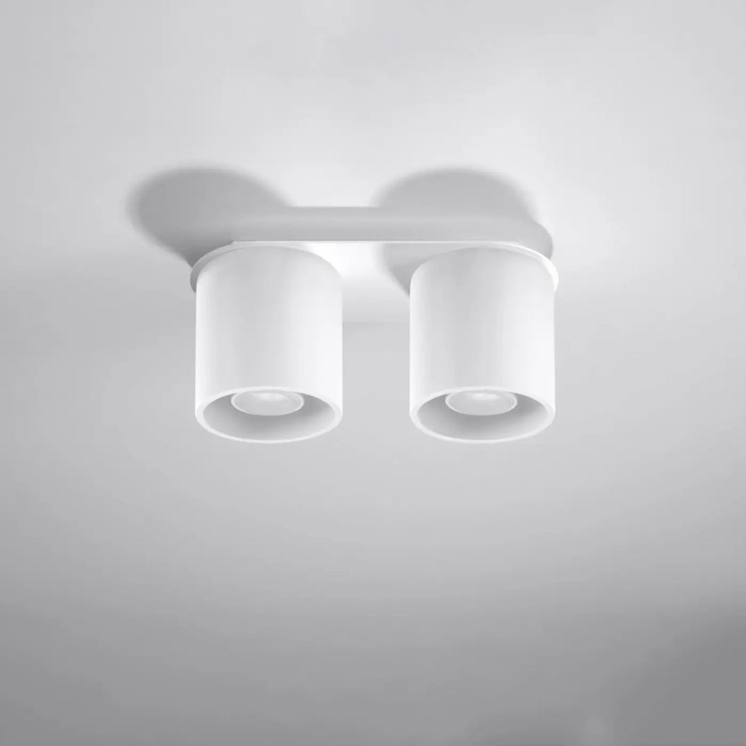 Plafonnier orbis 2 blanc avec double tête cylindrique et design minimaliste en bois naturel pour un éclairage moderne