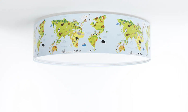 Luminaire plafonnier cylindrique avec carte du monde cartoon verte et animaux colorés idéal pour chambre enfant