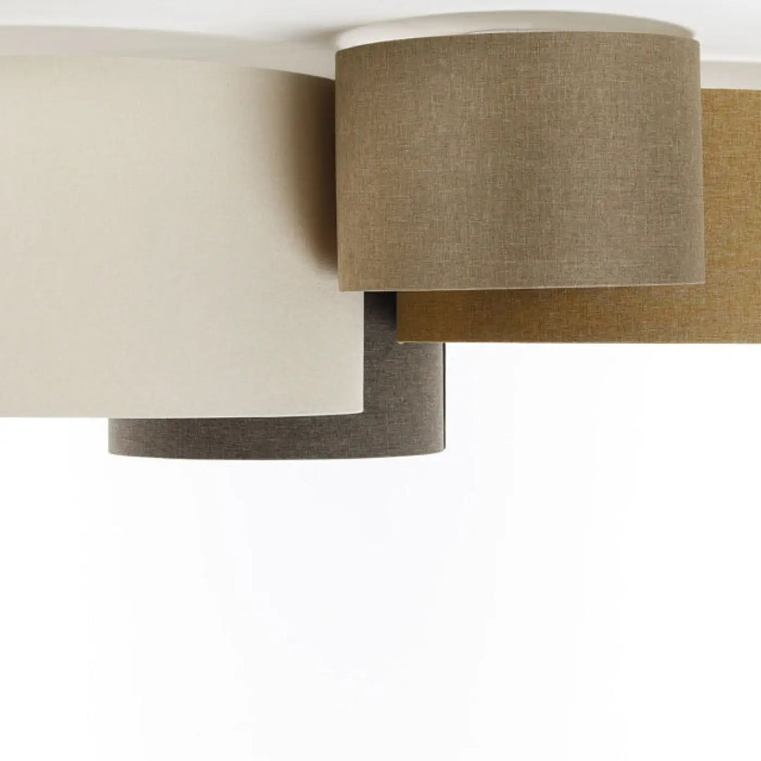 Luminaire plafonnier moderne avec abat-jours cylindriques superposés en tissu naturel crème beige caramel graphite