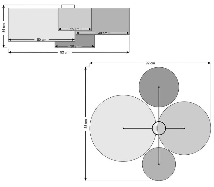 Plan de sol géométrique gris et blanc avec dimensions pour luminaire plafonnier 4flames boho élégant crème naturel