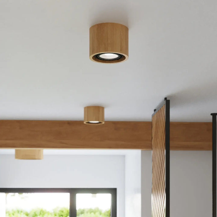 Plafonnier basic 2 en bois naturel cylindrique avec ampoule led encastrée pour sentez mieux et ambiance chaleureuse
