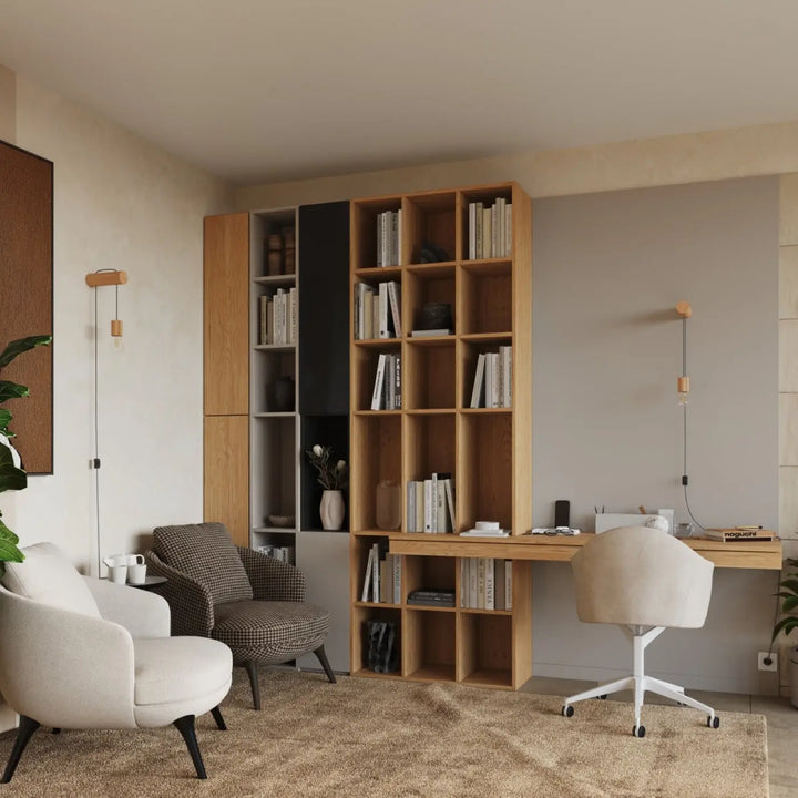 Applique murale nimbi e27 en bois clair avec panneaux noirs et niches ouvertes remplis de livres pour lampe cheminée nimbi