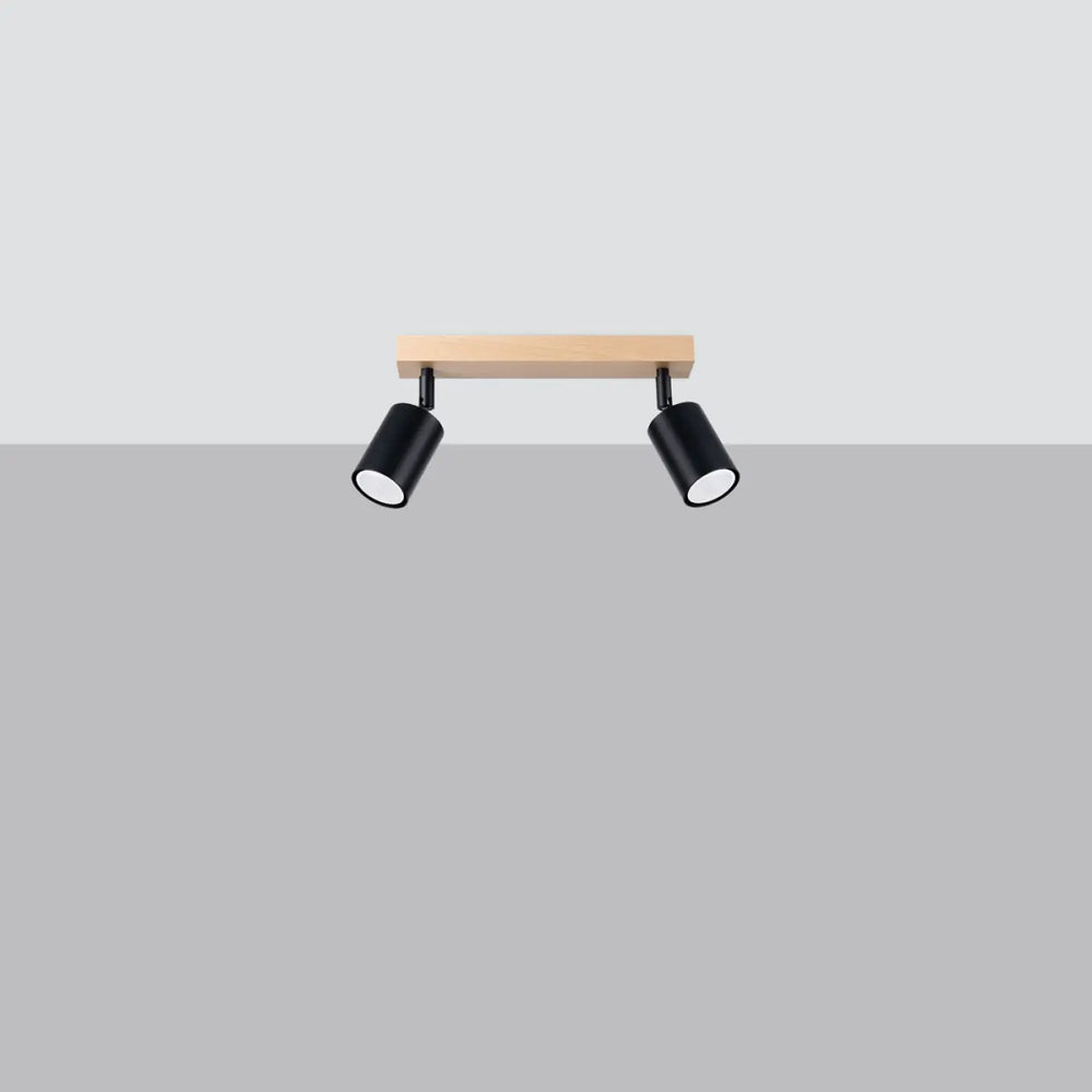 Luminaire plafonnier verdo 2 design moderne avec double spot noir et barre de fixation en bois naturel