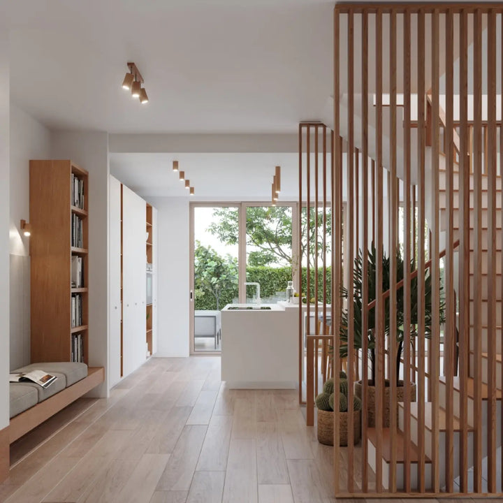 Luminaire plafonnier zeke 4 en chêne naturel avec écran à lattes verticales style loft lampe zeke