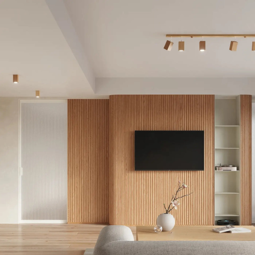 Luminaire plafonnier keke 3 chêne style loft avec télévision écran plat noir montée sur lambris en bois clair