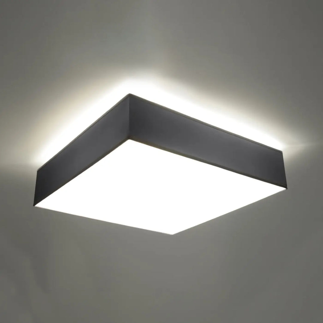 Luminaire plafonnier gris allumé, vue rapprochée