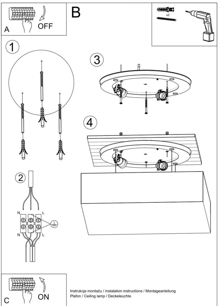Diagramme d installation pour plafonnier carré horus gris montrant fixation et câblage pour éclairage polyvalent forme riche