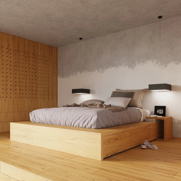 Luminaire plafonnier horus noir avec plafonnier carré et éclairage polyvalent en bois clair et design minimaliste