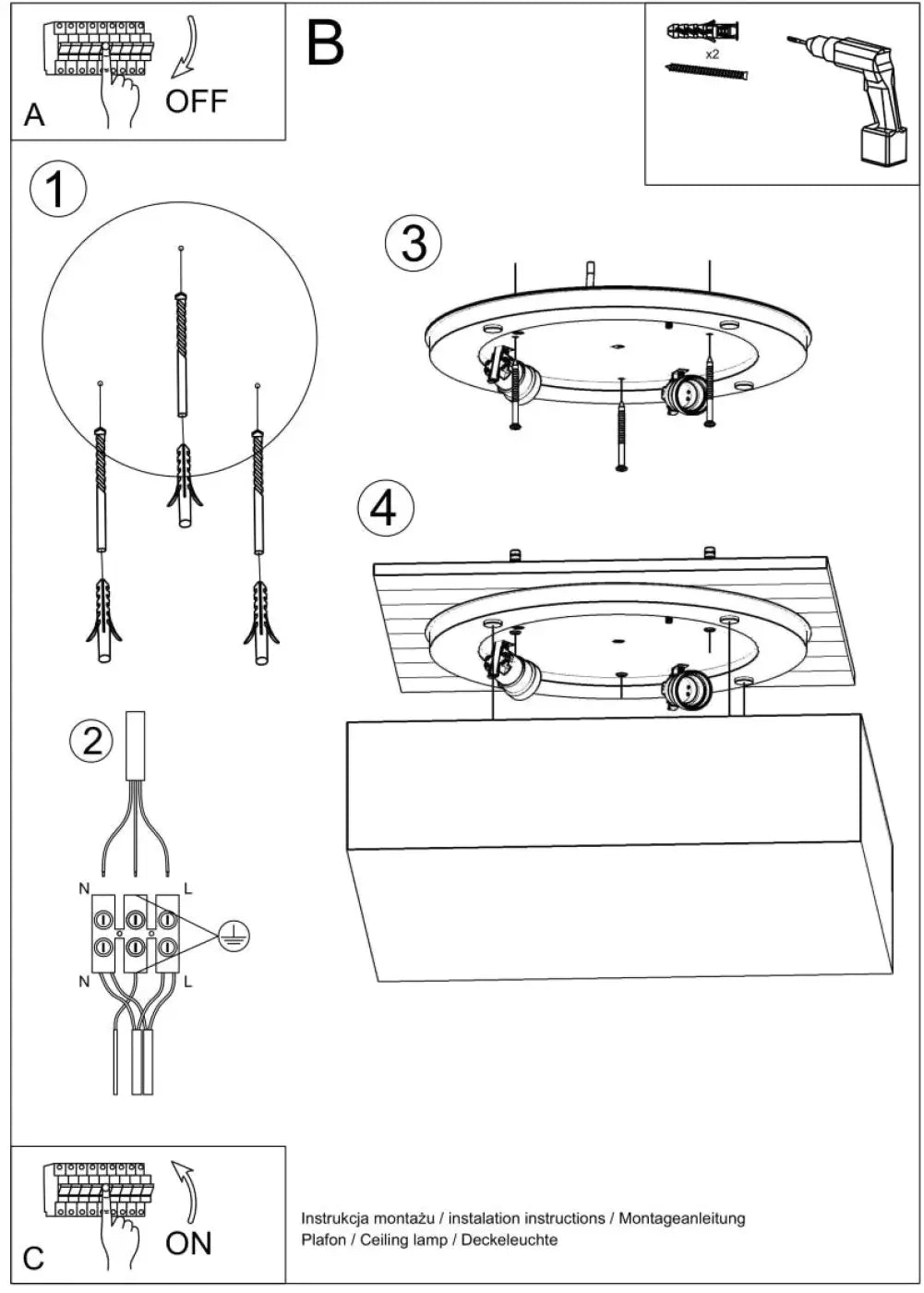 Diagramme dinstallation de plafonnier carré horus 45 noir montrant matériel de montage et câblage pour éclairage polyvalent à forme riche
