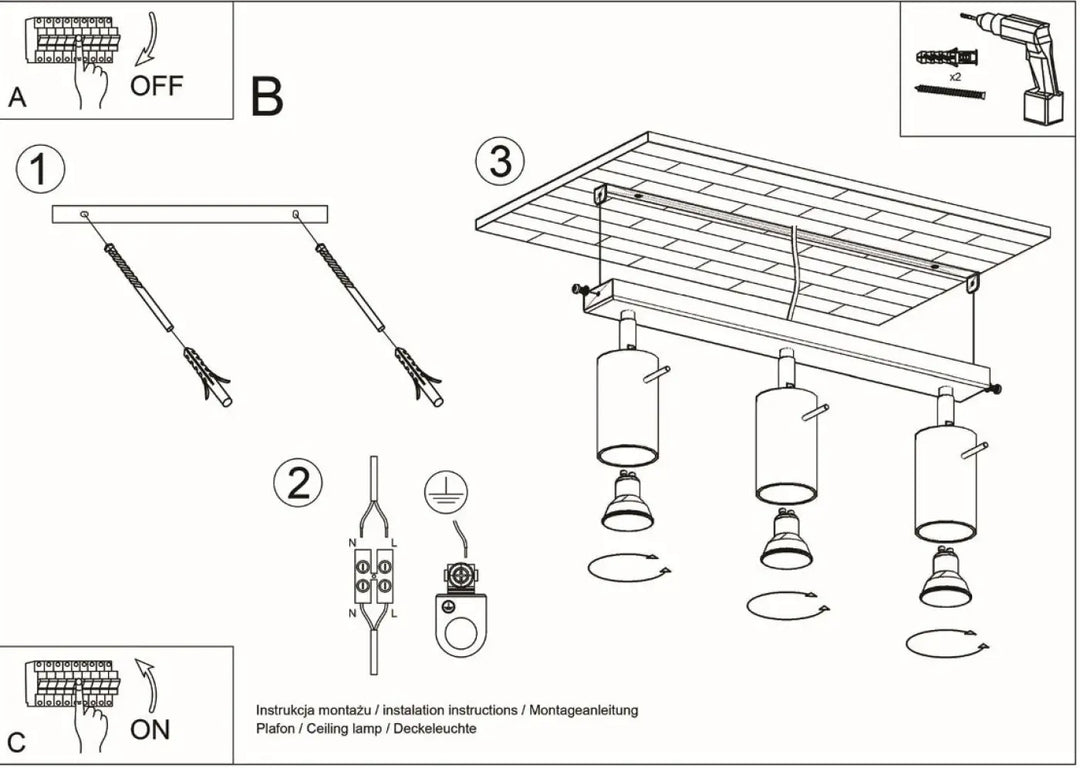 Luminaire plafonnier ring 3 chromé avec trois spots cylindriques sur cadre bois que vous pouvez facilement installer